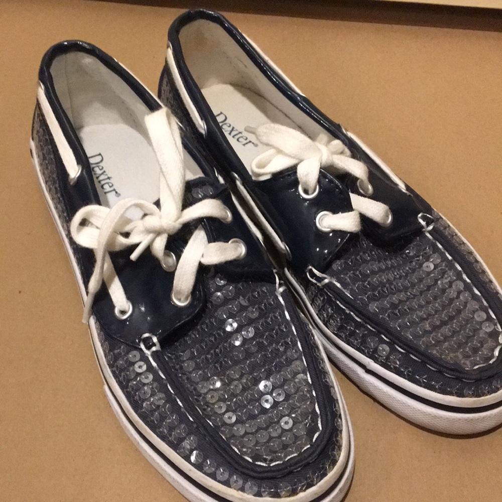 NWOT Dexter womens sequins lace up top sliders size 6.5 blue white